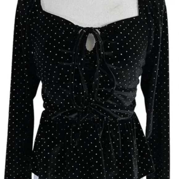 Aqua Black Velour Peplum Blouse Size S Gold Studs Keyhole Long Sleeves Cocktail - Picture 2 of 9